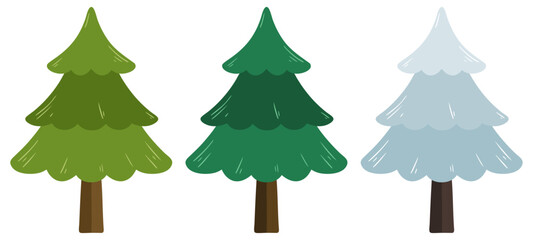 simple vector illustration of green and snowy pine tree set