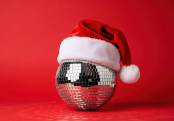 A shiny silver disco ball wearing a red santa hat, isolated on a vibrant red background, symbolizing a festive holiday party