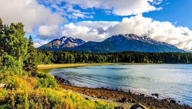 Scenic vista of a pristine lake fringed by a lush forest, with majestic, snow-capped peaks under a cloudy, blue sky