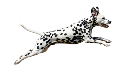 A dalmatian dog mid leap with its body stretched out against a solid black background in a studio shot