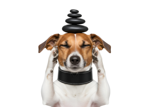 Mindful Jack Russell Terrier dog meditating with a stack of black zen stones on its head, paws touching temples, eyes closed, symbolizing balance, focus, and relaxation, isolated on transparent backgr