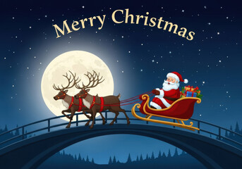 Santa claus in his sleigh pulled by reindeer, flying across a large full moon on a starry night over a bridge, with merry christmas text