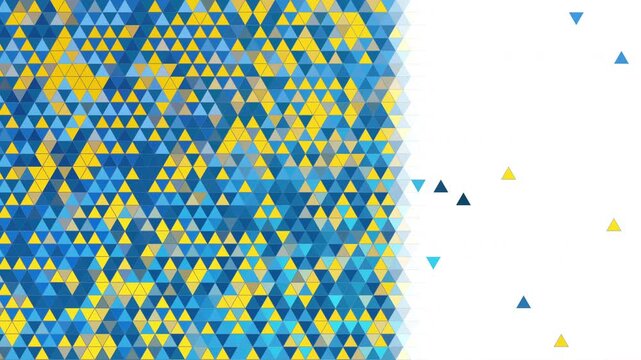 Dense triangle pattern on left fading to sparse layout on right. Blue and yellow triangle mosaic with density gradient. Empty white copy space. Loop animation.