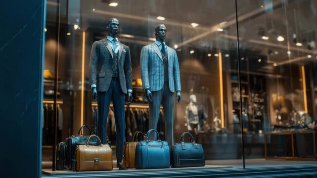 Stylish mannequins showcase elegant suits and leather bags in a chic storefront at dusk