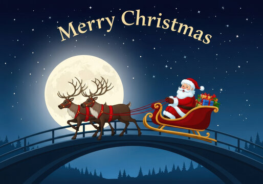 Santa claus in his sleigh pulled by reindeer, flying across a large full moon on a starry night over a bridge, with merry christmas text - Powered by Adobe