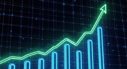 Dynamic glowing green arrow chart soaring upwards, symbolizing financial growth and success in a vibrant digital cyberspace, perfect for business strategy presentations and economic analysis.