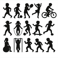 Children silhouettes playing various sports activities