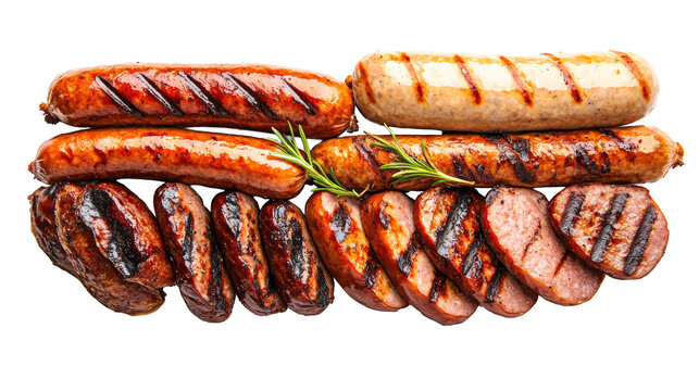 Grilled Sausages with Herbs on Transparent Background