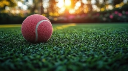 Naklejka premium Pink tennis ball on green grass, sunset background