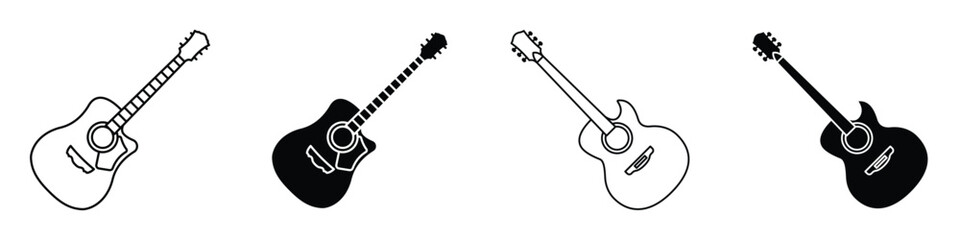 Acoustic guitar icon in linear and clipart style pack on white background.