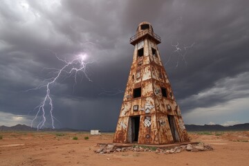 Rusty Abandoned Tower During Stormy Desert Landscape