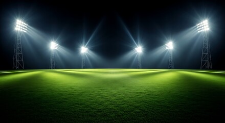 Illuminated Football Stadium at Night with Green Grass and Bright Lights