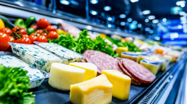 Fresh food products arranged in a refrigerated display case at a grocery store, providing a wide selection for customers