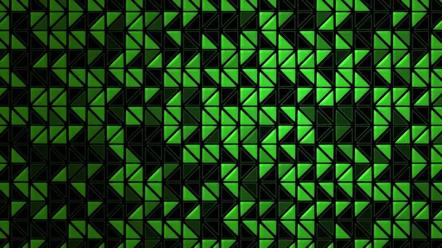 Green triangles forming arrow and chevron shapes in grid layout on black background. High contrast and repetition. Loop animation.
