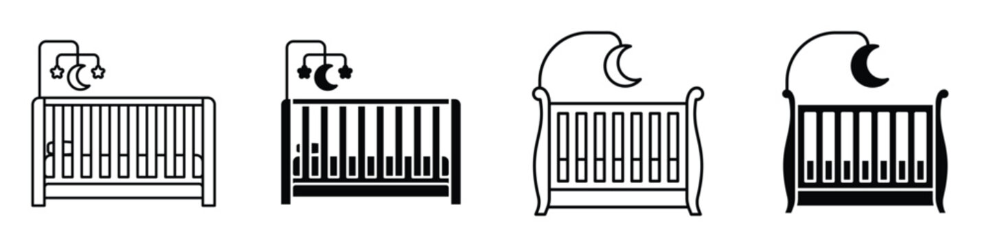 Baby crib icon in linear and clipart style pack on white background.