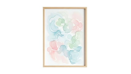 Framed abstract watercolor artwork features soft pastel colors in fluid shapes