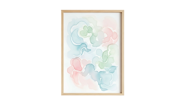 Framed abstract watercolor artwork features soft pastel colors in fluid shapes