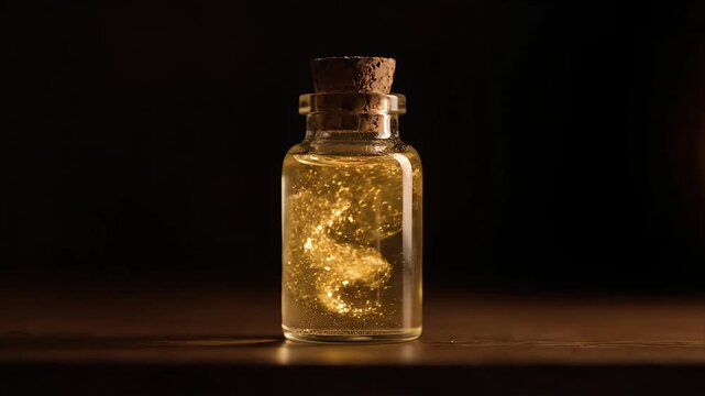 Captivating close up of a sparkling golden liquid potion inside a glass bottle with a cork stopper gleaming mysteriously against a dark elegant background