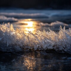 Frozen Ice Crystals Sparkling At Sunset