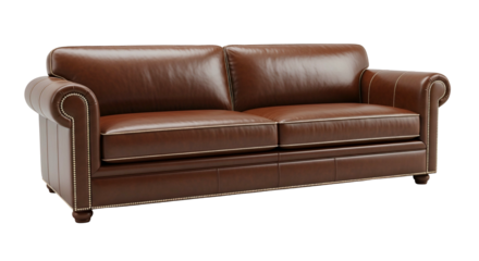 Richly upholstered traditional leather sofa features prominent nailhead trim detail