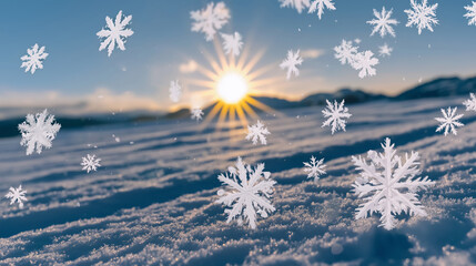 The snowflakes gently drifting onto a snowy landscape as the bright sun emerges over the distant peaks, casting a stunning winter ambiance