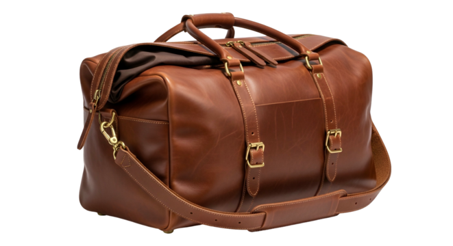 Handsome genuine leather duffel bag stands isolated against a dark background