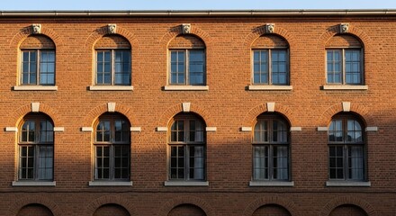 Obraz premium Timeless red brick building facade showcasing classic arched windows and warm golden hour sunlight highlighting architectural details, evoking heritage and enduring style.