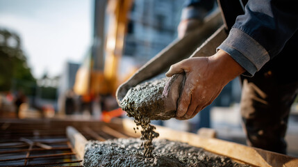 Extreme close up of faceless construction worker's hands pouring concrete into foundation mold defocused background concrete pouring scene emphasis foundation setting style