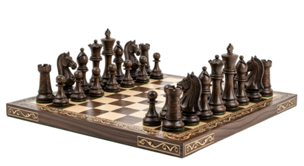 Intricately carved dark wooden chess pieces are displayed ready for a match on a decorative board against a black background