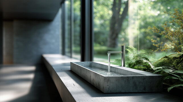 Minimalist bathroom design featuring sleek concrete sink faceless interior space soft natural light pouring through large defocused window in background smooth polished concrete