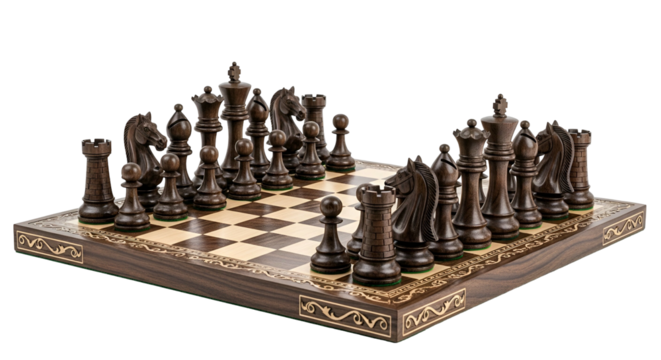 Intricately carved dark wooden chess pieces are displayed ready for a match on a decorative board against a black background