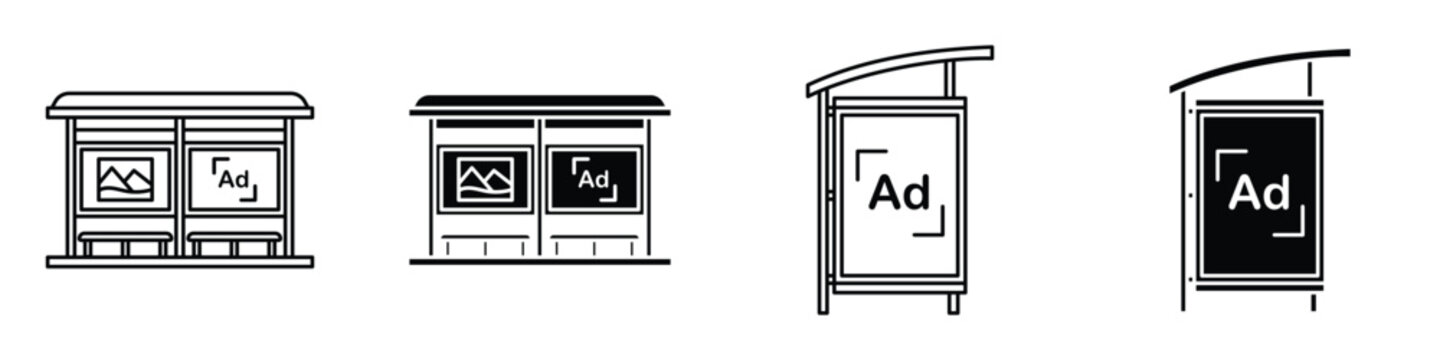 Bus stop shelter ad icon in linear and clipart style pack on white background.