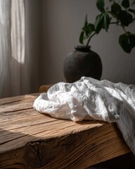 White Linen Fabric Drape On Rustic Wooden Table