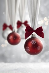 Red Christmas baubles with velvet bows and snowflake pattern hanging on white fabric background, elegant festive winter decoration