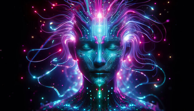 AI Oracle with Glowing Circuits and Glitch Patterns 
