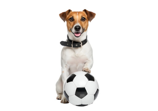 Playful Jack Russell Terrier dog, tan and white, proudly sitting with a paw on a classic black and white soccer ball, happy expression, isolated on transparent background.