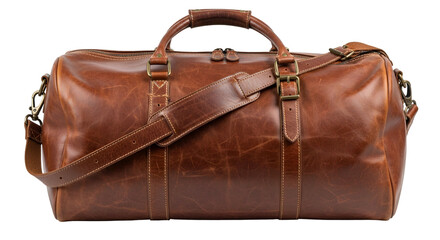 High quality distressed brown leather duffel bag features adjustable strap and sturdy handles