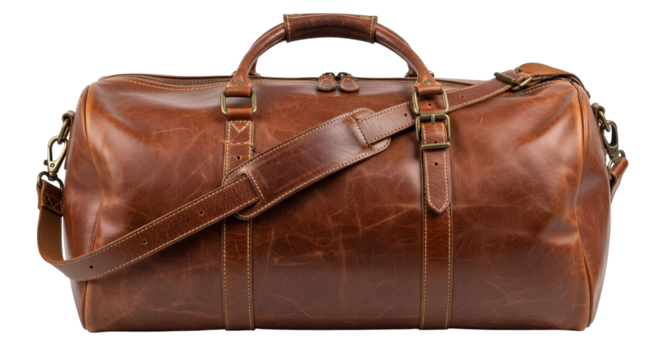 High quality distressed brown leather duffel bag features adjustable strap and sturdy handles