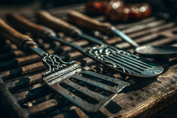 Fototapeta premium Rustic BBQ Tools in Dramatic Lighting for Cooking and Outdoor Grilling Themes