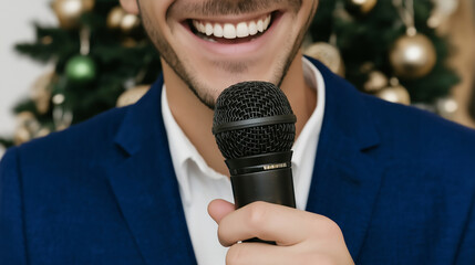 Smiling man in suit speaking into a microphone, celebrating at a festive gathering with a decorated Christmas tree in background