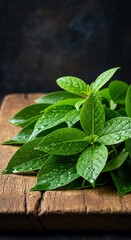 Fresh green leaves with water droplets on a wooden board against a dark background close up view