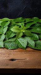 Pile of fresh green leaves with water droplets on a wooden surface against a dark background