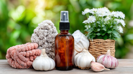 Natural homemade pest control solutions with garlic spray for organic gardening, featuring garlic bulbs and copper mesh repellent