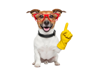 Happy Jack Russell Terrier dog in red glasses and a yellow rubber glove, cheerfully pointing up, symbolizing a bright idea or warning, isolated on transparent background.