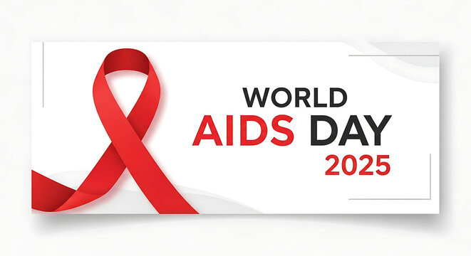 World aids day 2025 red ribbon awareness symbol on white background with text