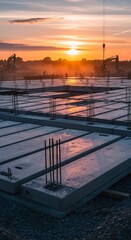 Construction site at sunset with concrete slabs and crane silhouetted against the orange sky