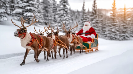Santa Claus and his reindeer team dashing through a snowy landscape, symbolizing holiday cheer and Christmas gift delivery