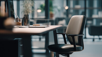 Office chair and desk in a modern office space with natural light coming in