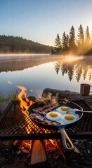 Cooking breakfast over a campfire with a lake and trees in the background during sunrise scene outdoors