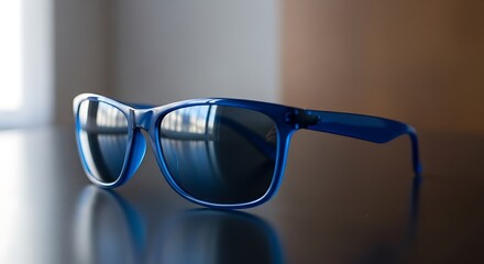 Close up of blue framed sunglasses with dark lenses resting on a reflective surface indoors